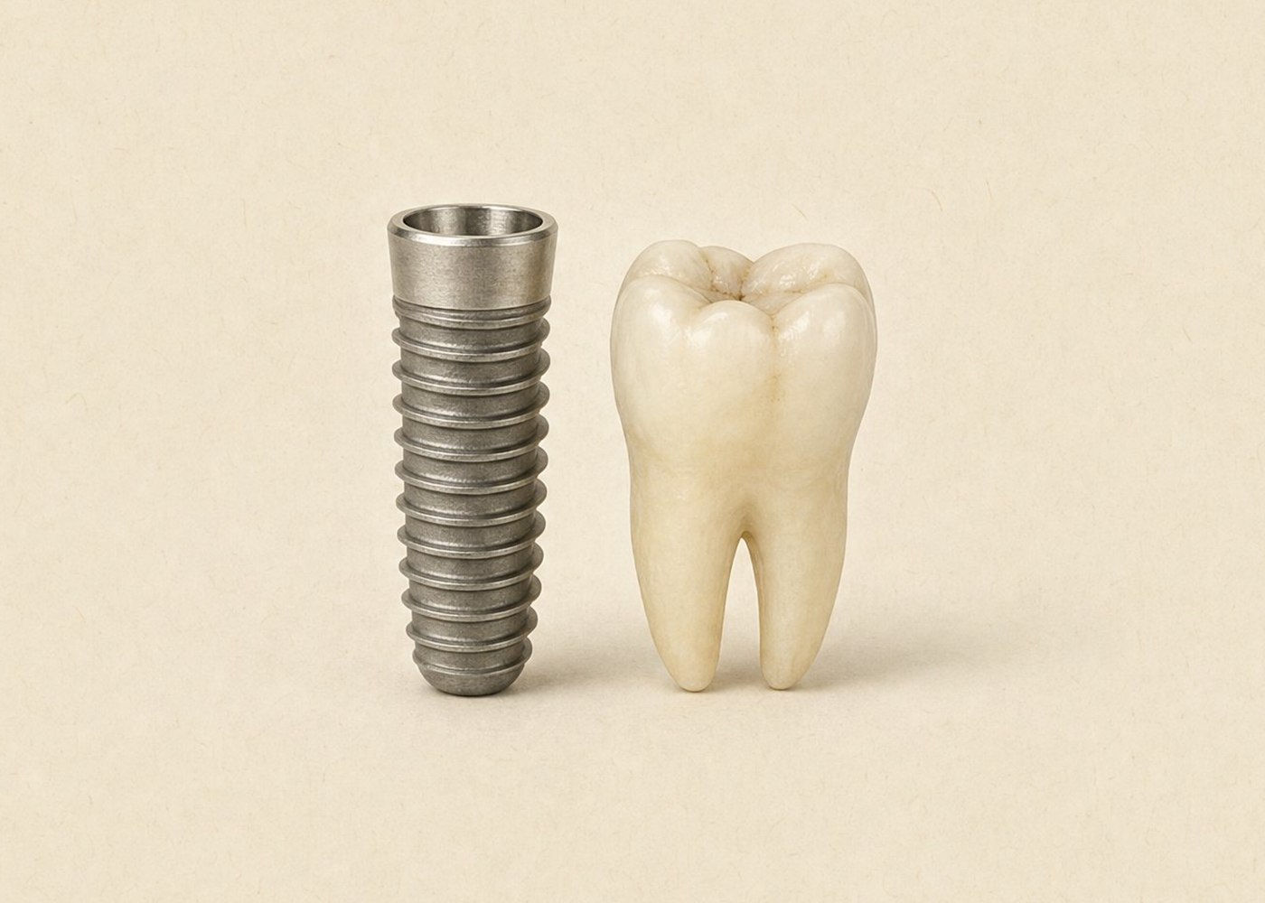 A titanium dental implant fixture standing beside a natural molar tooth on warm paper.